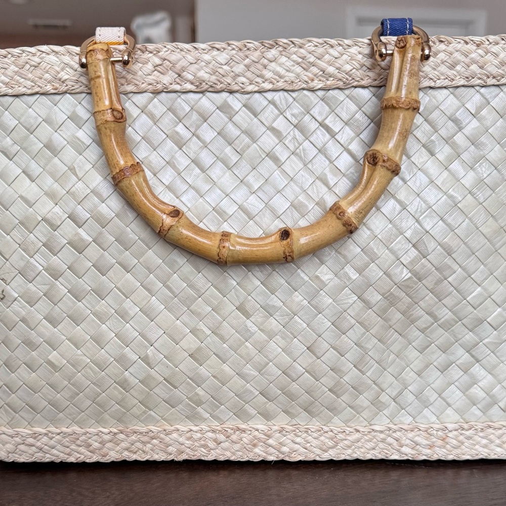 Frances Valentine Bamboo Handle Woven Tote Bag – Striped Interior - Picture 6 of 12